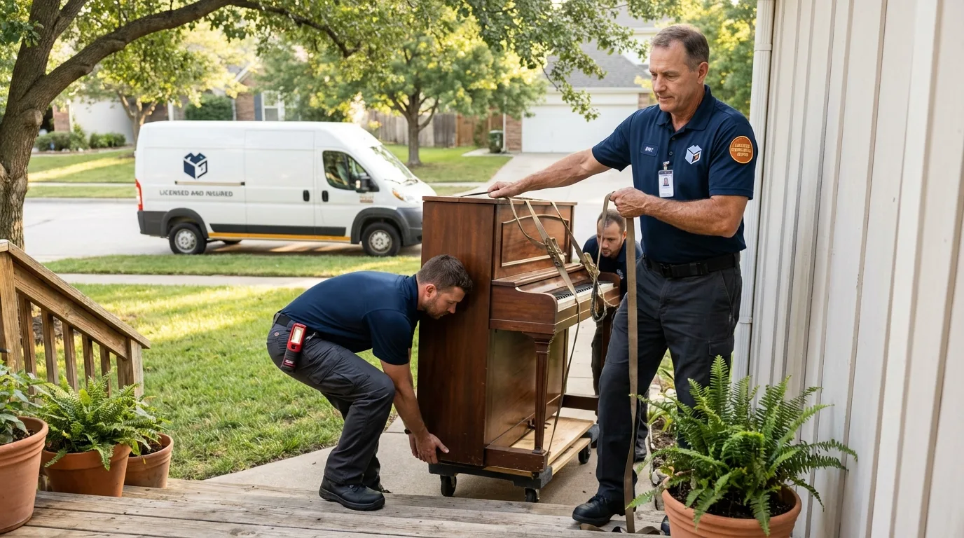 Licensed piano movers securing grand piano in Northvale, NJ