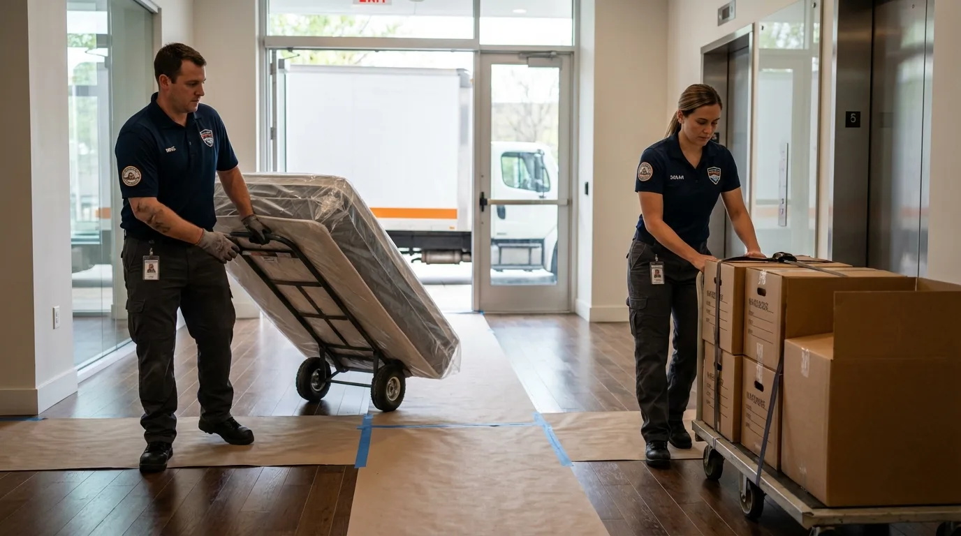 Professional apartment movers loading elevator in Northvale, NJ